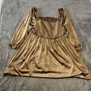 Babydoll Smocked Velour Mini Dress Size 2X Golden Brown Puff Sleeve Romantic